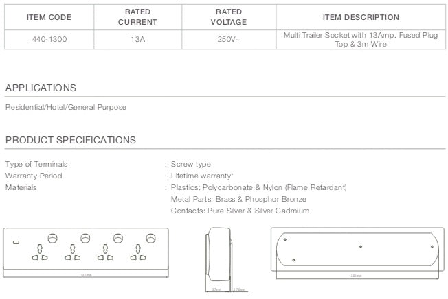 Multi Socket Extension 13Amp 3m Wire