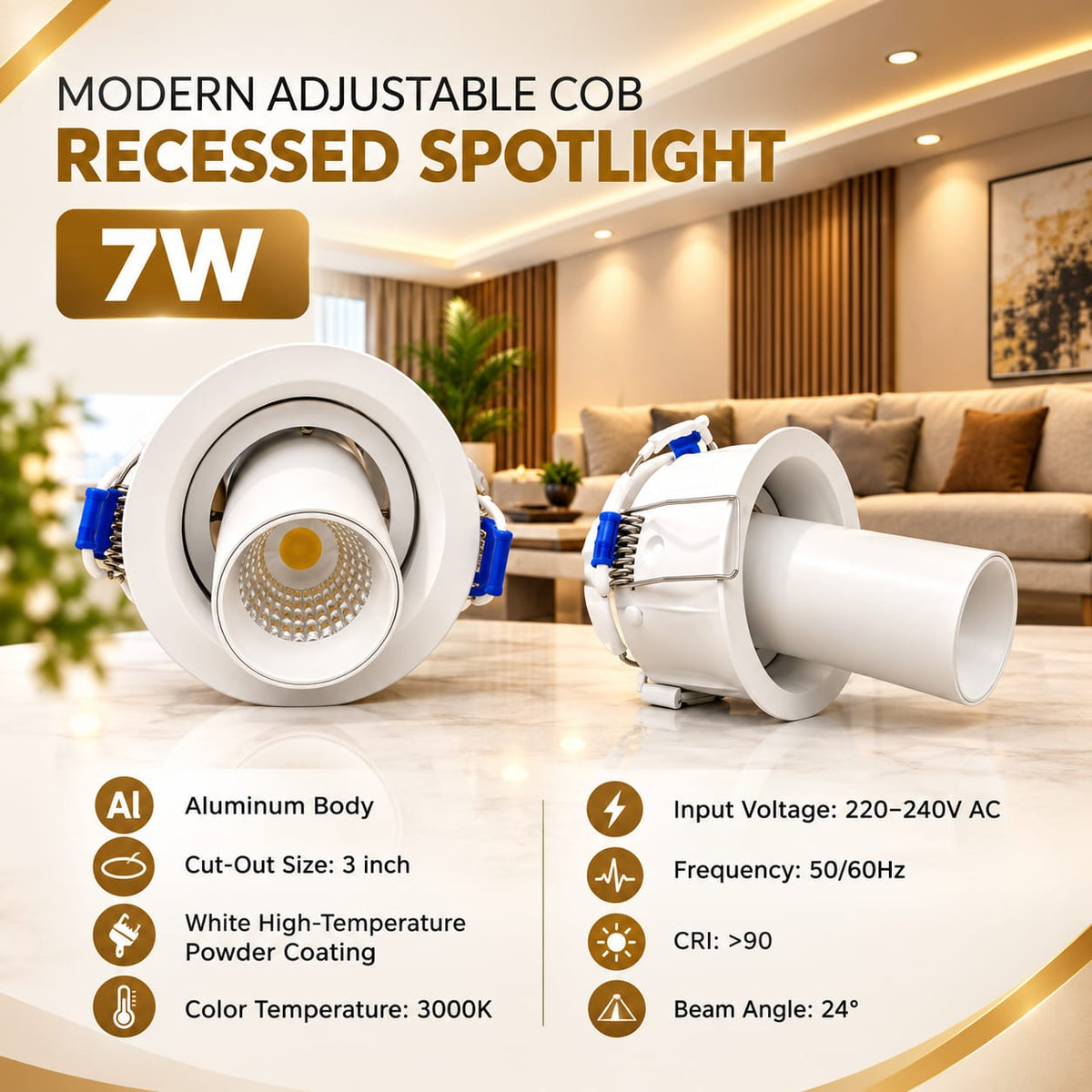 Adjustable COB Recessed Spotlight 7w