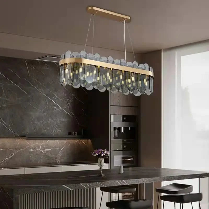 Luxury Gold Metal Adjustable Grey Glass Chandelier Oval