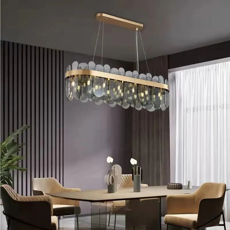 Luxury Gold Metal Adjustable Grey Glass Chandelier Oval