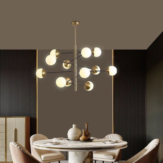 Modern 12-Light Brass Chandelier with Opal Globes