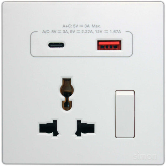 Multi Socket Switched with USB A+C Chargers - Simon